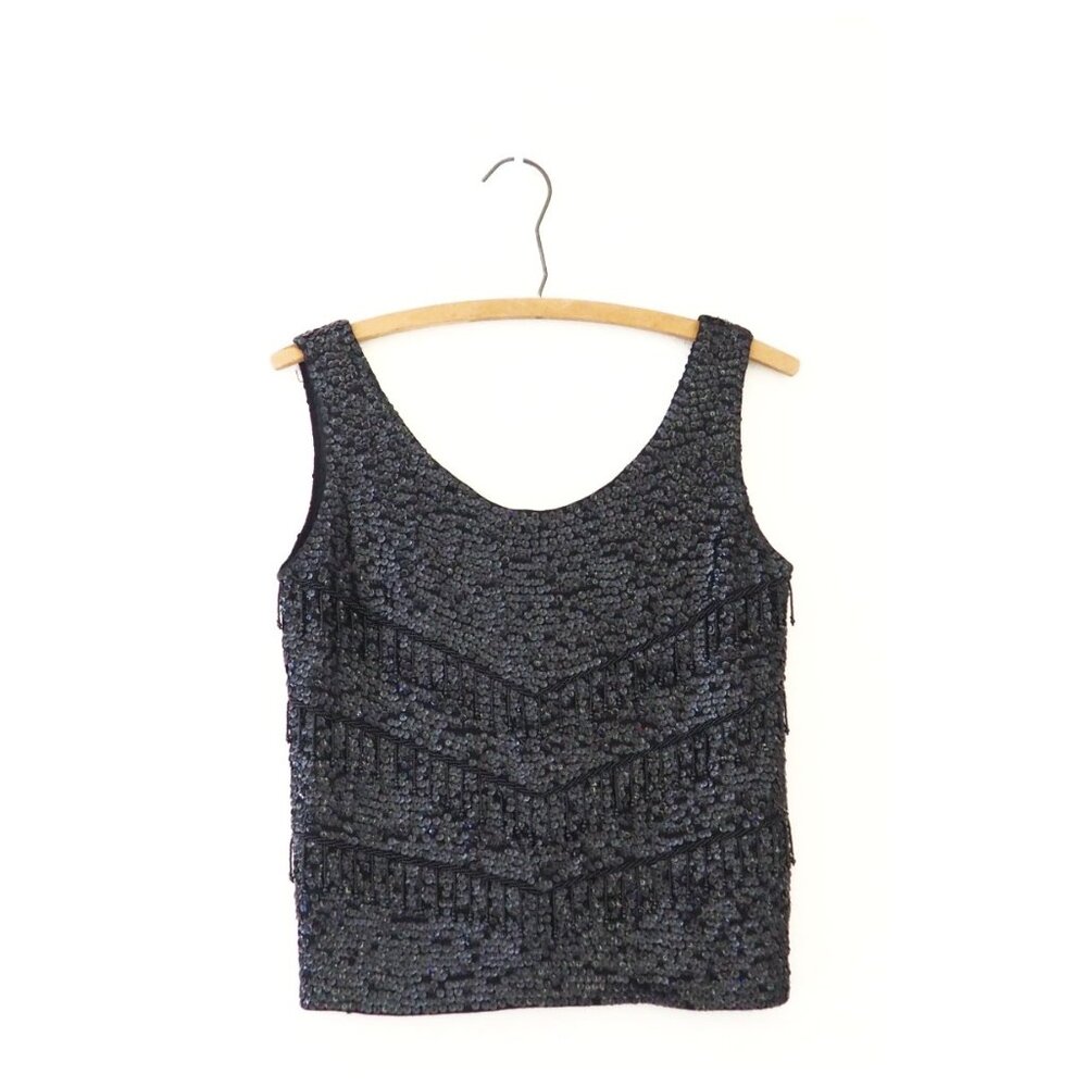 ! Vintage Hand Full Fashioned Black Sequined Beaded Fringe Sleeveless Top sz S